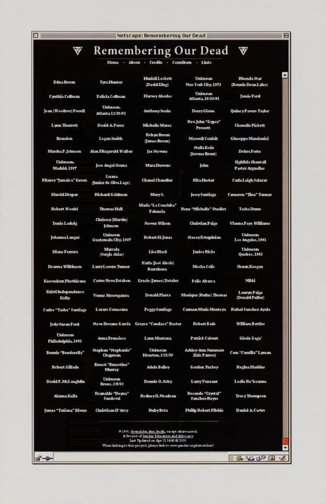REMEMBERING OUR DEAD (1999) A screen shot of the Remembering Our Dead website started by Gwen Smith, which gave rise to Transgender Day of Remembrance.